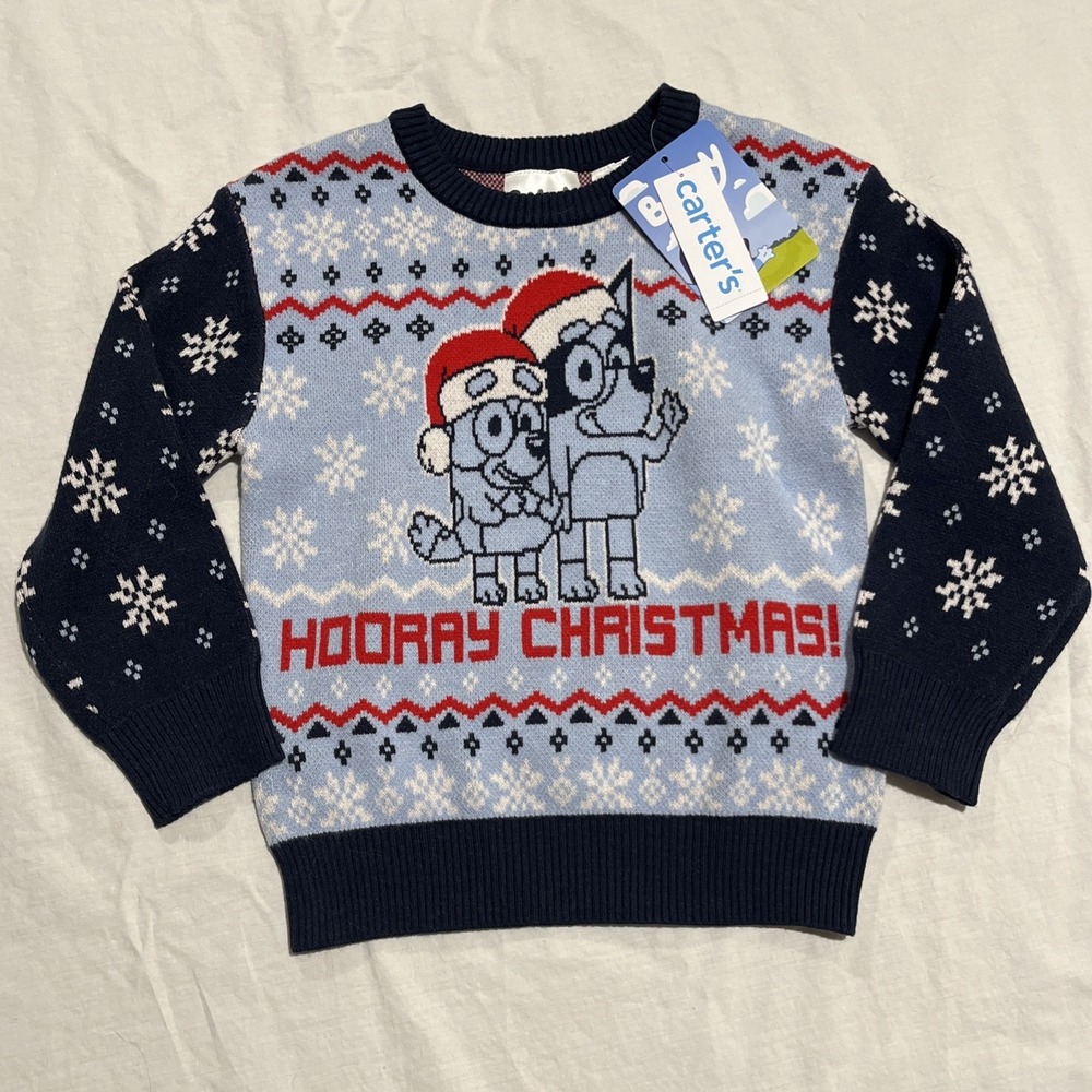 NWT Bluey And Bingo Hooray Christmas! 4T Blue Holiday Pullover Crew Sweater